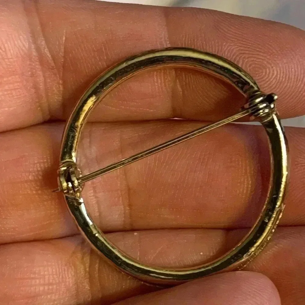 Vintage “Circle of Life” pin/ brooch gold tone iridescent glass crystals Unisex